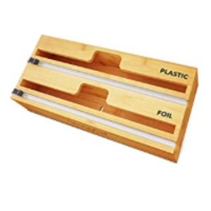 NEW 2 in 1 Wrap Dispenser Bamboo Roll Organizer with Cutter and Labels